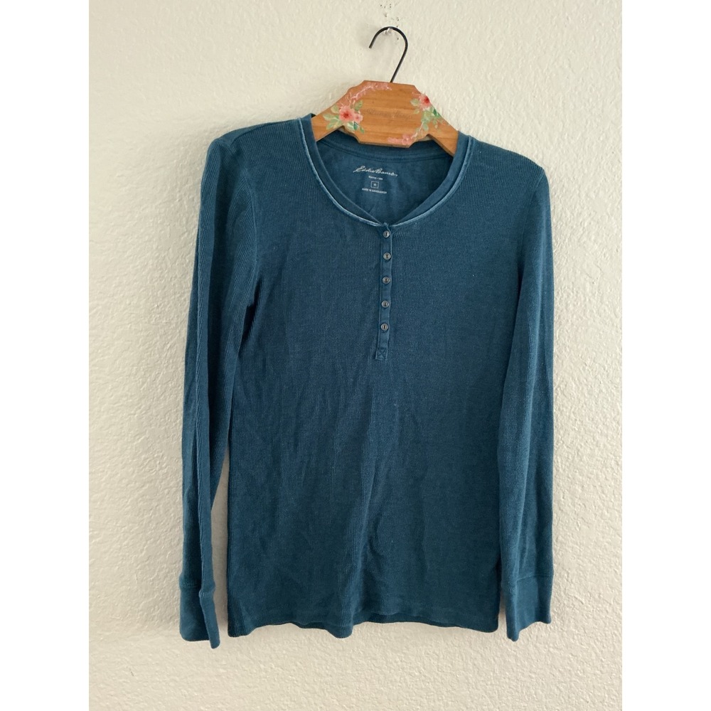 Eddie Bauer Henley Top Size M Teal Blue Waffle Knit Thermal Long Sleeve Shirt